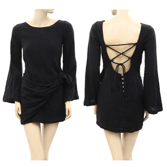 NWT Free People Simona Black Long Sleeve Mini Dress Lace Up Buttoned Low Cut - Picture 2 of 7